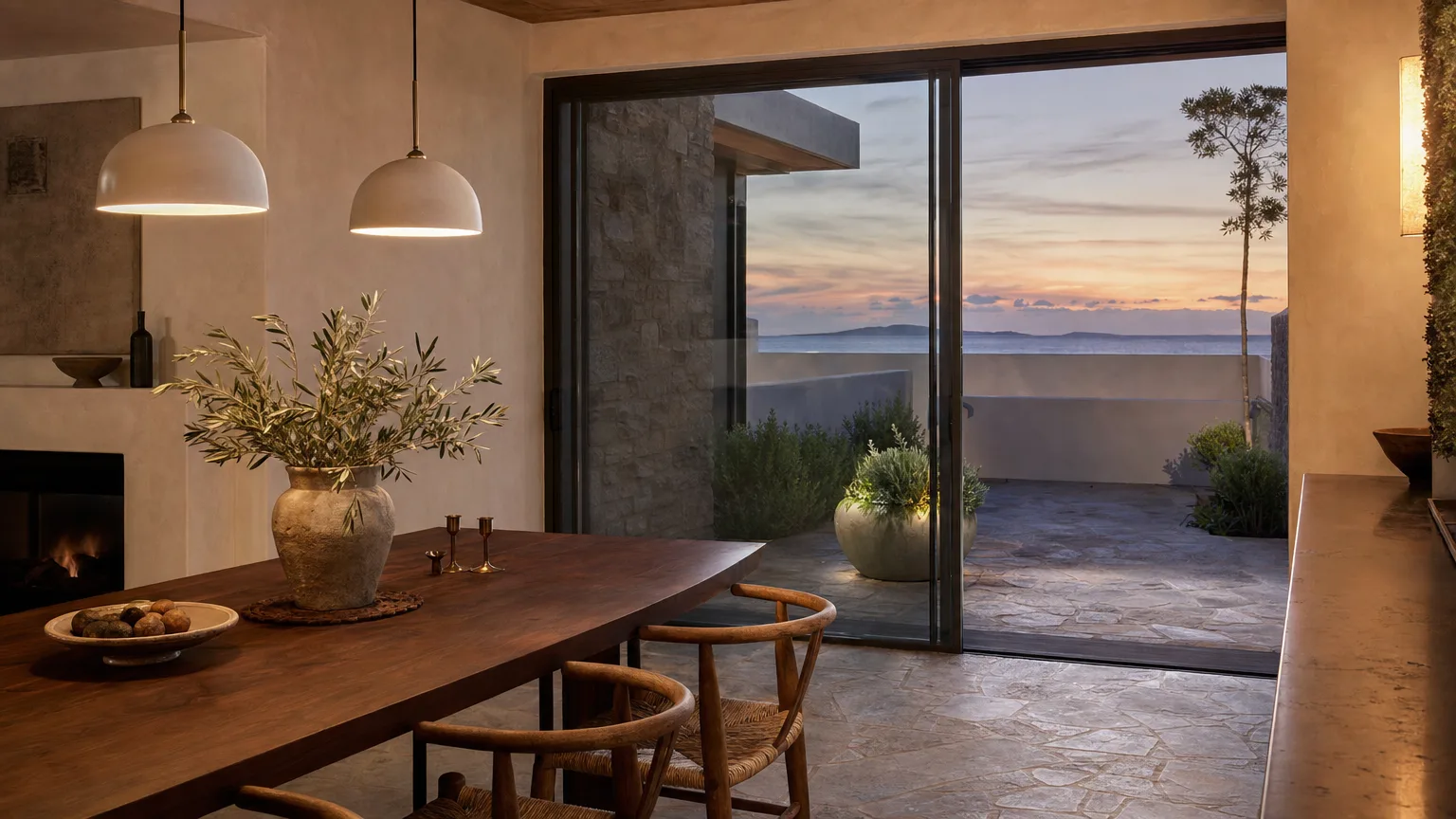 Sunlit coastal living room with linen seating and water beyond the windows