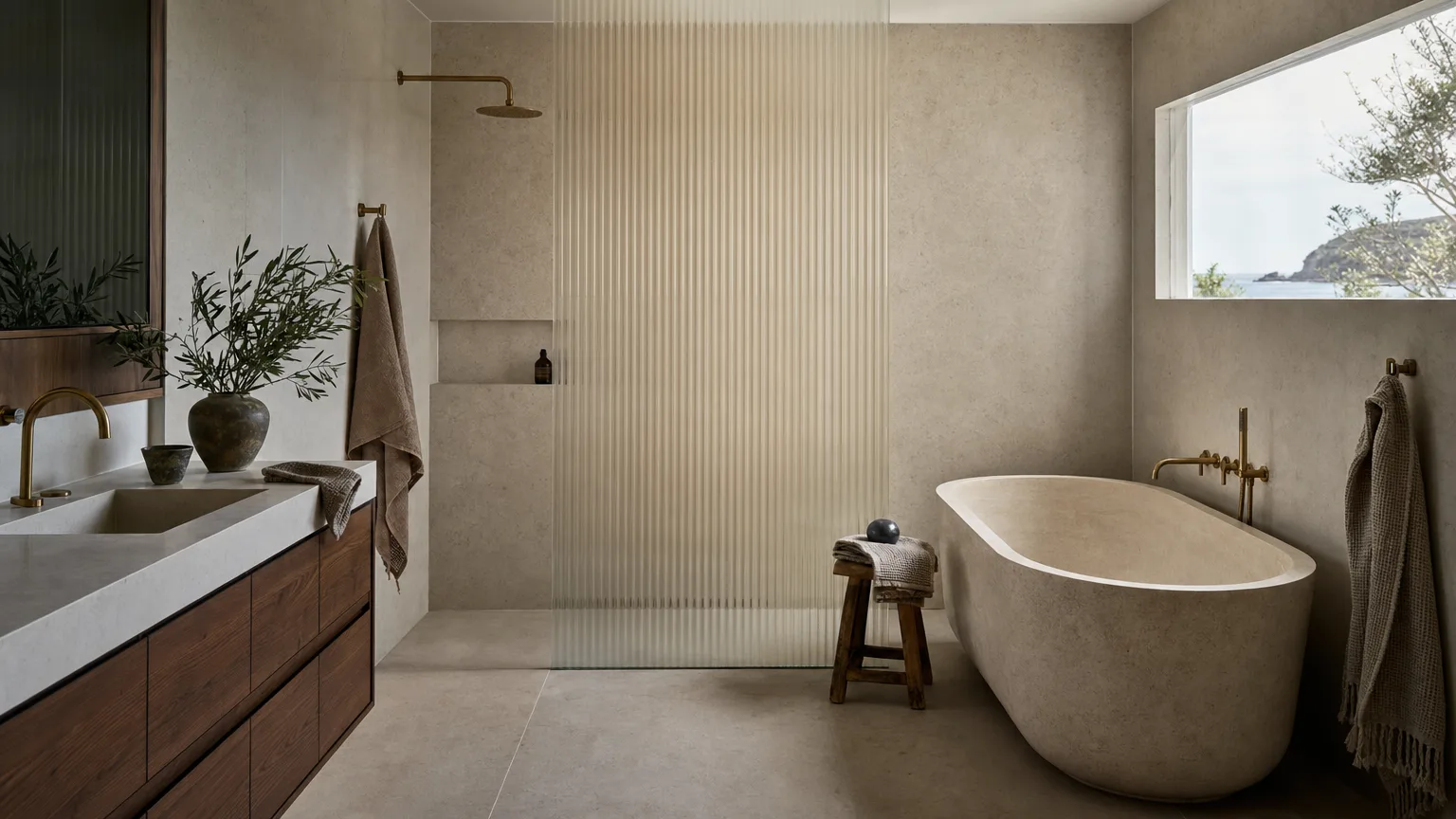 Finished stone bath with limestone, brass, and coastal light
