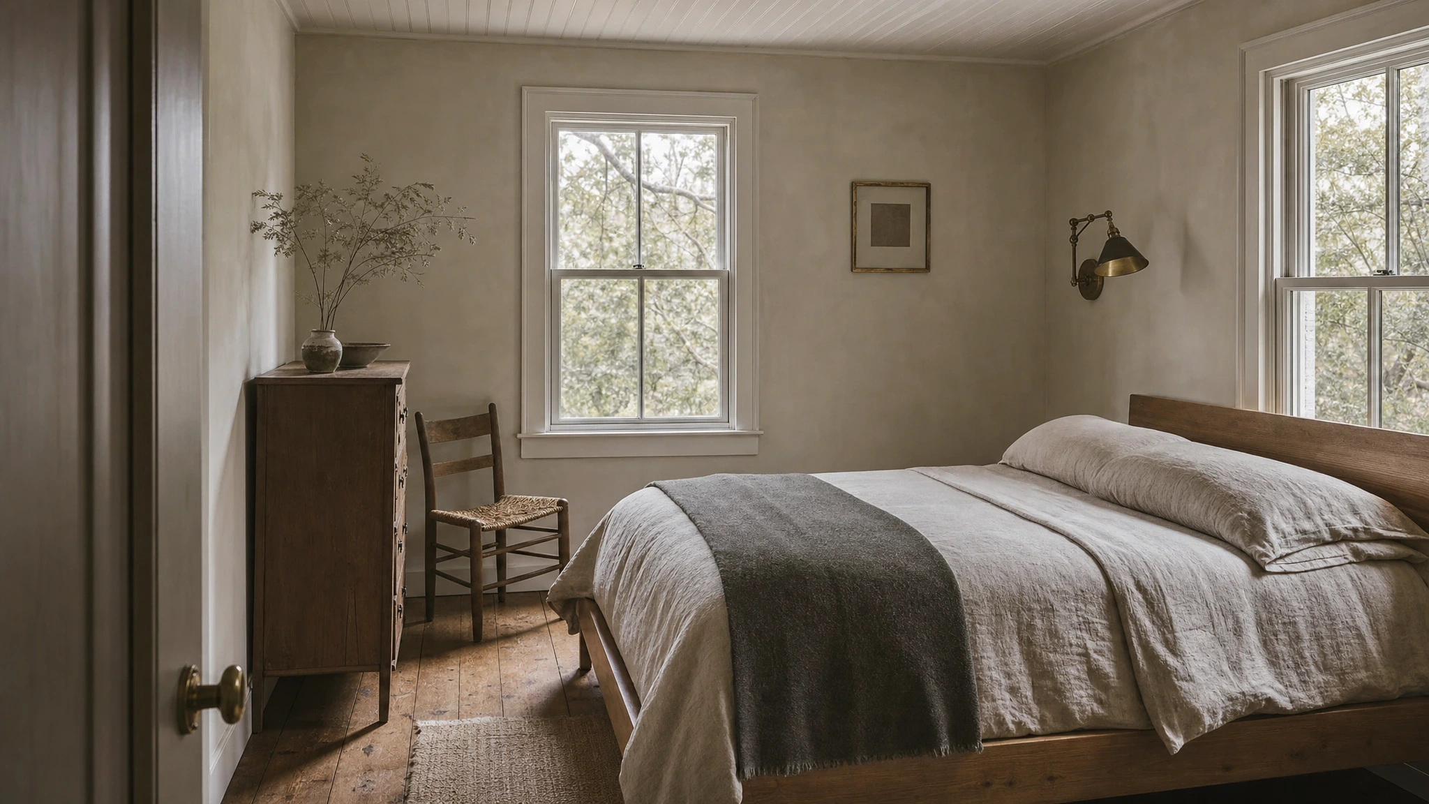 Cape Charles Cottage bedroom study with heart-pine floors, beadboard ceiling, white-oak bed, linen bedding, and live-oak shade at the windows