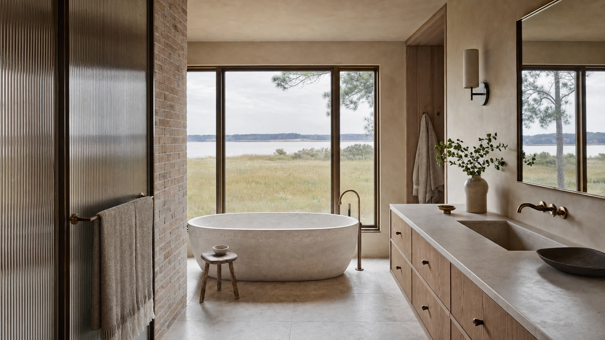 Mobjack Bay House bath study with limestone tub, white-oak vanity, washed brick, and a marsh-facing bronze window