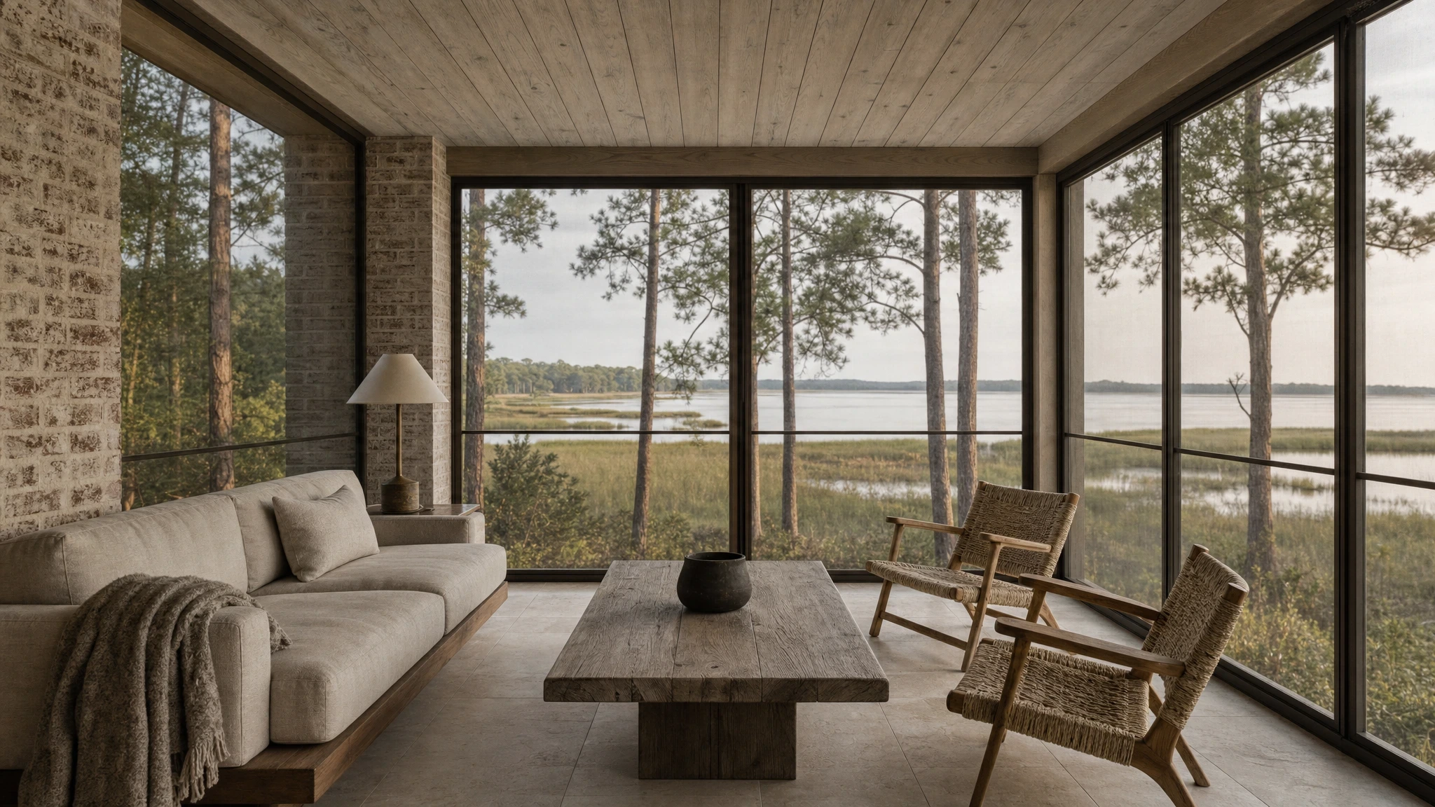 Mobjack Bay House screened living room with cypress ceiling, woven-rush chairs, and marsh water beyond the screens