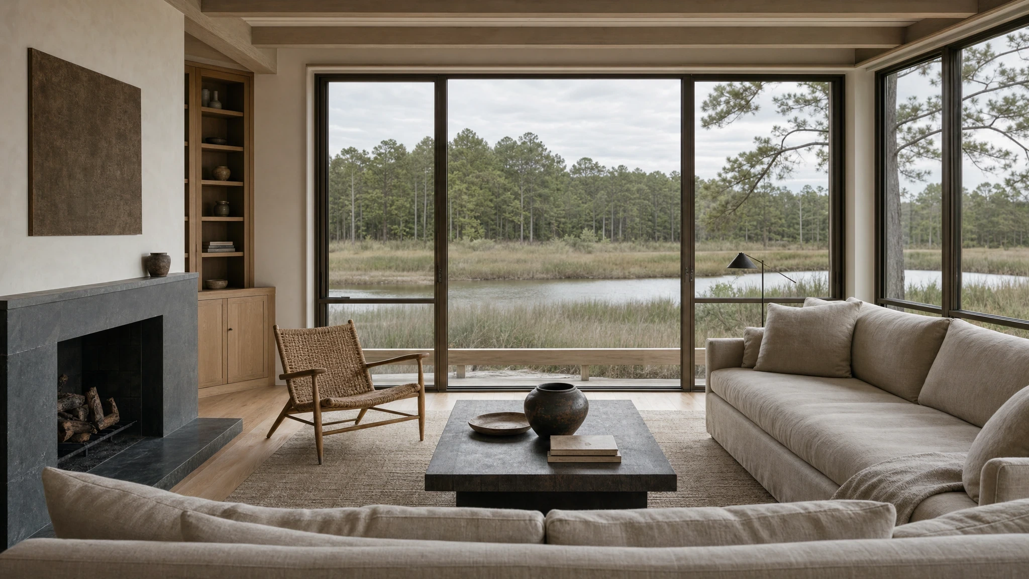 Limewashed Tidewater living room with white-oak millwork, linen seating, and a tidal creek beyond bronze-framed windows