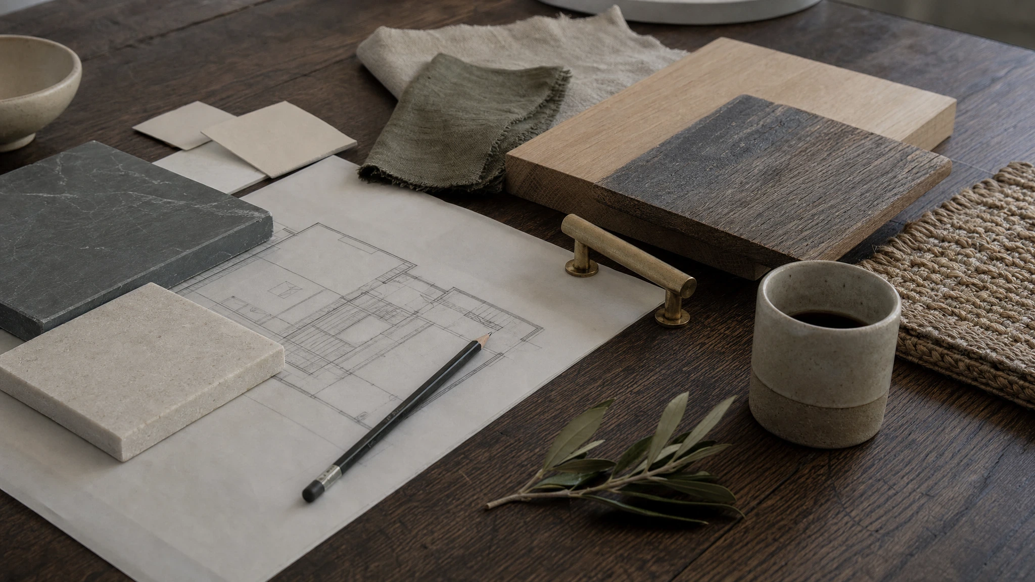 Working table with Tidewater material samples, floor-plan fragments, soapstone, limestone, linen, and oak